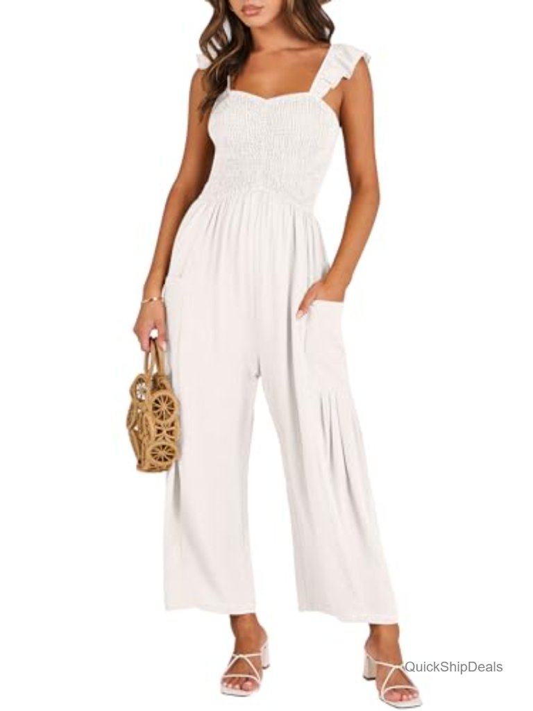 Linen Blend Sleeveless Smocked Wide Leg Jumpsuit With Pockets